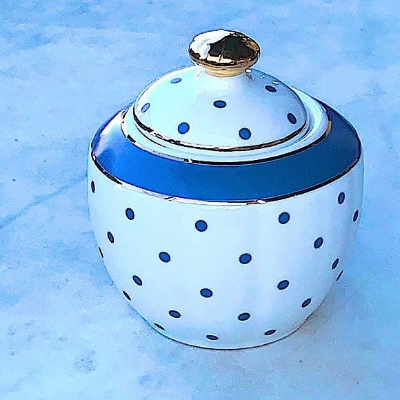GRACES TEAWARE SUGAR BOWL & LID MARIN COBALT BLUE DOTS GOLD PORCELAIN NEW - Picture 3 of 5